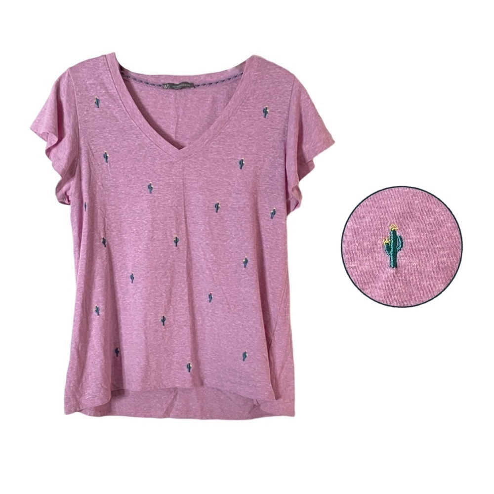 🌺 Wit & Wisdom Nordstrom Cactus Embroidered Flutter Sleeve V-Neck Tee Size S